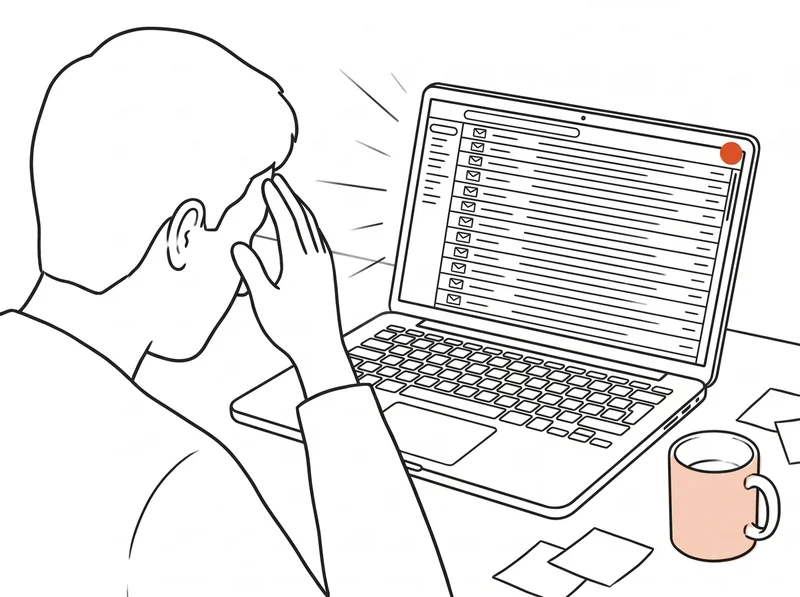 肩ごしに見た、受信の列が続くノートPCと、額に手を当てる人の線画