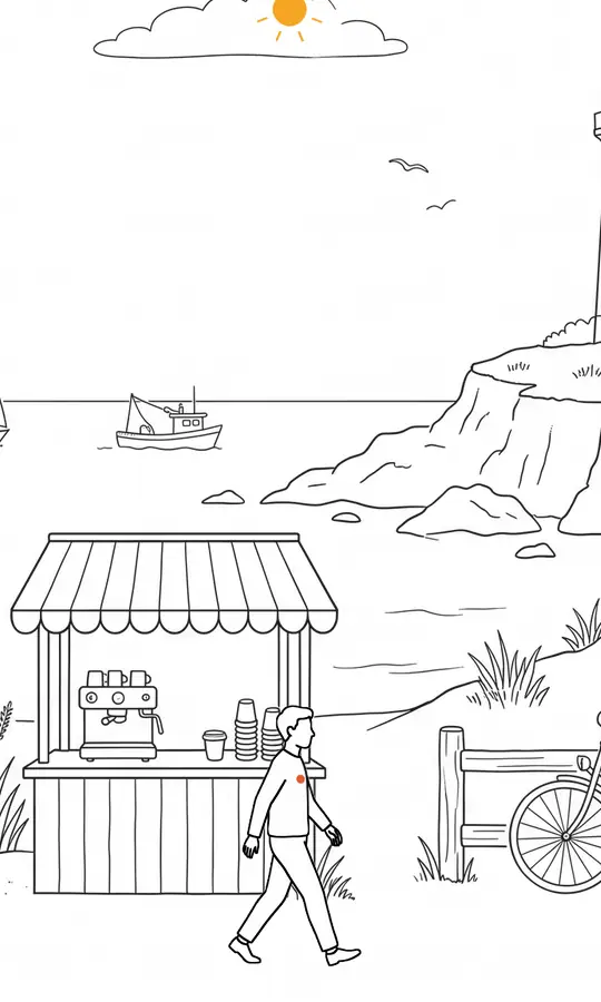 海辺の町を歩く人の線画