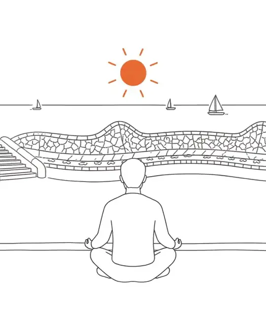 海に沈む日の前で、座って瞑想する人の線画