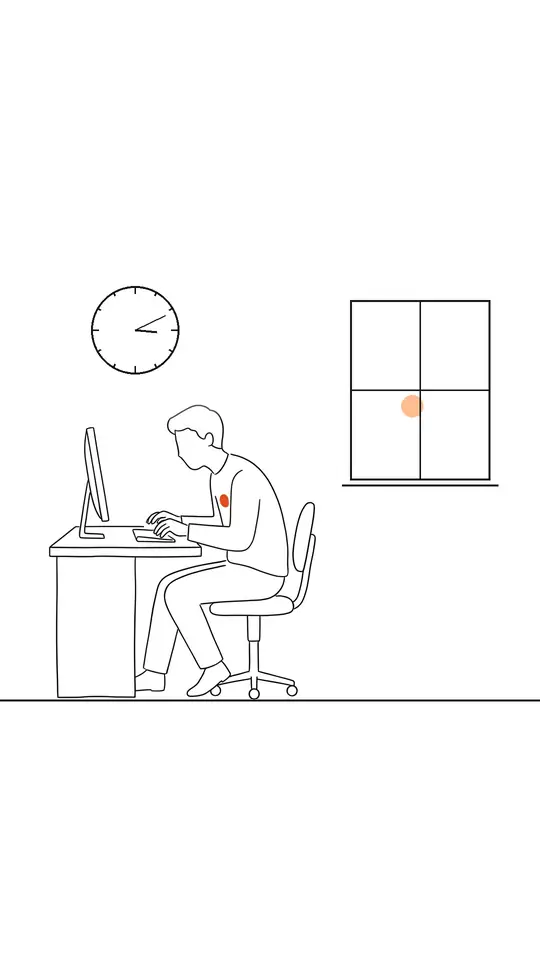 机で働く人の線画。壁に時計、窓の外は昼