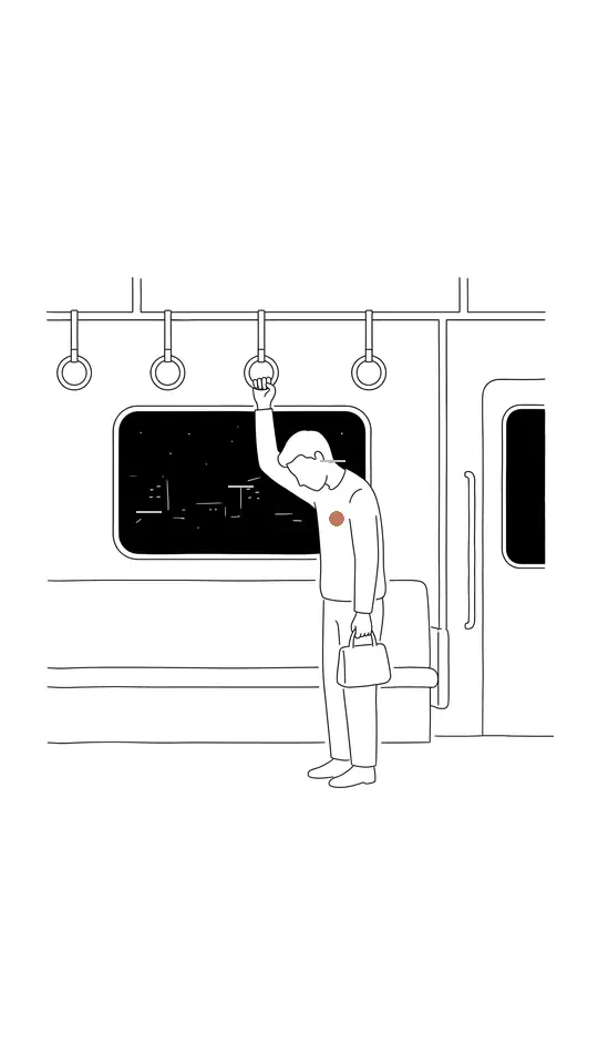 終電で、つり革を持って立つ人の線画