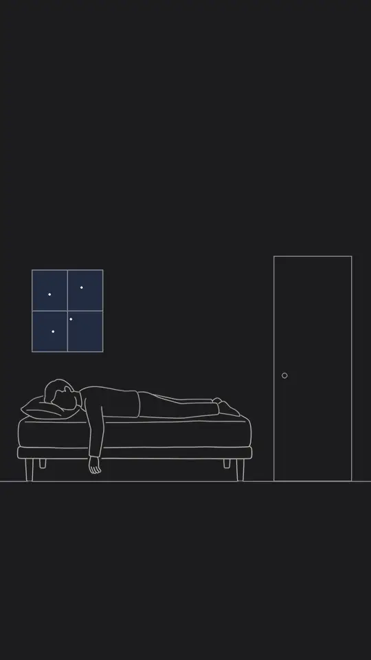 暗い部屋で、ベッドに倒れこんだ人の線画