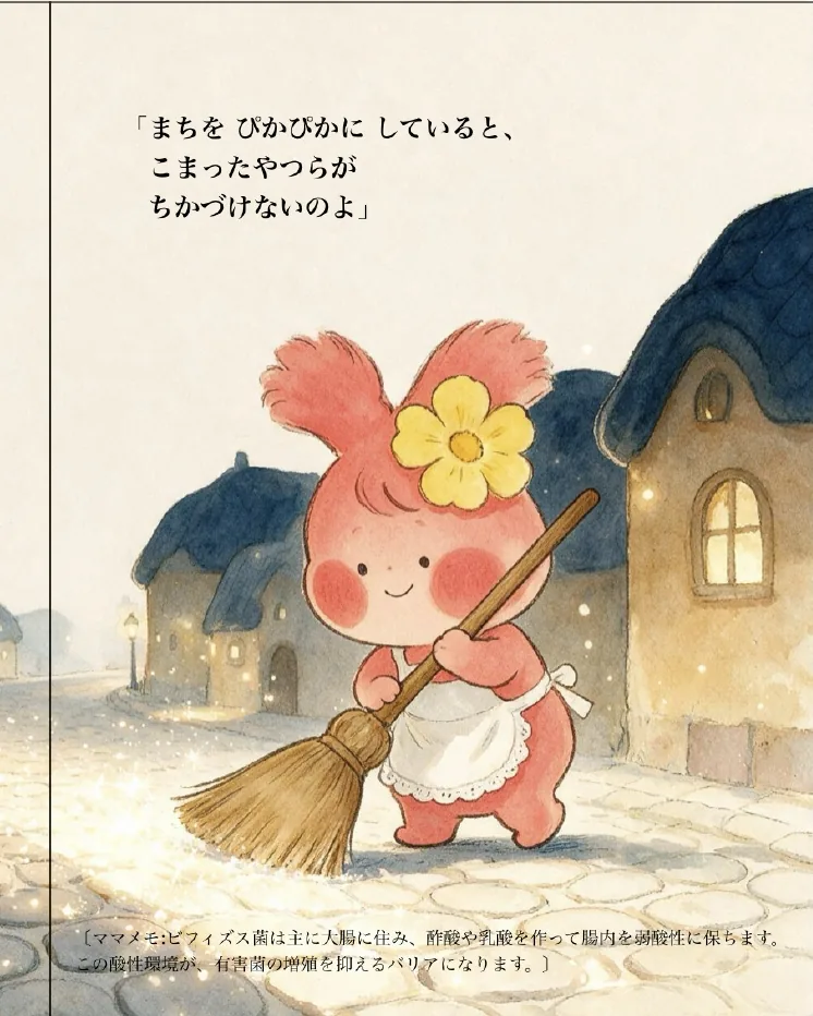 ほうきを持つ、ピンクの子。灯りのともる、まち