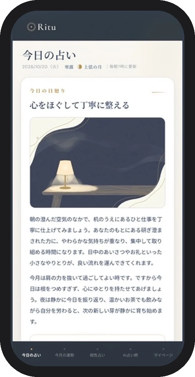 今日の占いの画面。「心をほぐして丁寧に整える」と、机の上のランプの絵