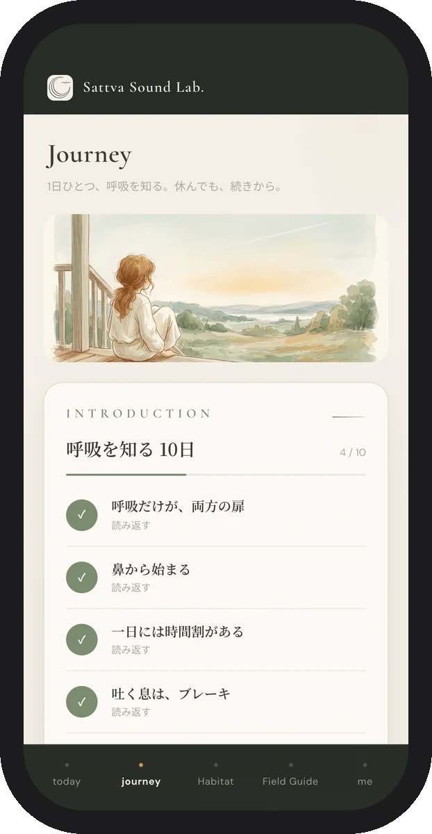 journey の画面。呼吸を知る10日の学び
